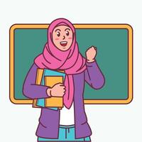 Cartoon of a female teacher in a hijab carrying a book, and a blackboard behind her vector