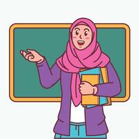 Cartoon of a female teacher in a hijab carrying a book, and a blackboard behind her vector