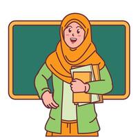 Cartoon of a female teacher in a hijab carrying a book, and a blackboard behind her vector