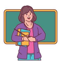 cartoon female teacher carrying books, and blackboard behind vector