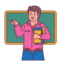 Cartoon male teacher carrying a book, and a blackboard behind him vector