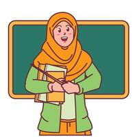 Cartoon of a female teacher in a hijab carrying a book, and a blackboard behind her vector