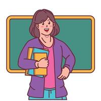 cartoon female teacher carrying books, and blackboard behind vector