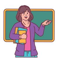 cartoon female teacher carrying books, and blackboard behind vector