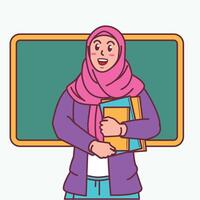 Cartoon of a female teacher in a hijab carrying a book, and a blackboard behind her vector