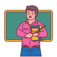 Cartoon male teacher carrying a book, and a blackboard behind him vector