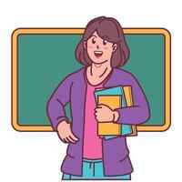 cartoon female teacher carrying books, and blackboard behind vector