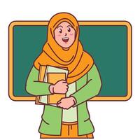 Cartoon of a female teacher in a hijab carrying a book, and a blackboard behind her vector