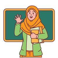 Cartoon of a female teacher in a hijab carrying a book, and a blackboard behind her vector