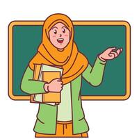 Cartoon of a female teacher in a hijab carrying a book, and a blackboard behind her vector