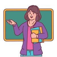 cartoon female teacher carrying books, and blackboard behind vector