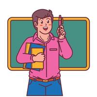 dibujos animados masculino profesor que lleva un libro, y un pizarra detrás él vector
