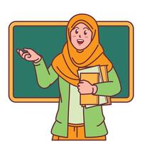 Cartoon of a female teacher in a hijab carrying a book, and a blackboard behind her vector
