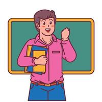 Cartoon male teacher carrying a book, and a blackboard behind him vector