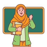 Cartoon of a female teacher in a hijab carrying a book, and a blackboard behind her vector