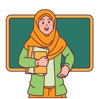 Cartoon of a female teacher in a hijab carrying a book, and a blackboard behind her vector