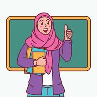 Cartoon of a female teacher in a hijab carrying a book, and a blackboard behind her vector