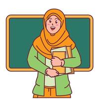 Cartoon of a female teacher in a hijab carrying a book, and a blackboard behind her vector