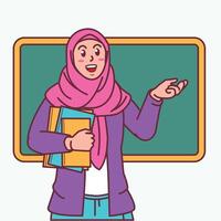 Cartoon of a female teacher in a hijab carrying a book, and a blackboard behind her vector