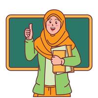 Cartoon of a female teacher in a hijab carrying a book, and a blackboard behind her vector