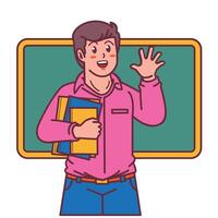 Cartoon male teacher carrying a book, and a blackboard behind him vector