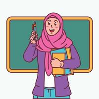 Cartoon of a female teacher in a hijab carrying a book, and a blackboard behind her vector