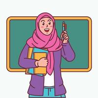 Cartoon of a female teacher in a hijab carrying a book, and a blackboard behind her vector