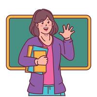 cartoon female teacher carrying books, and blackboard behind vector