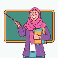 Cartoon of a female teacher in a hijab carrying a book, and a blackboard behind her vector