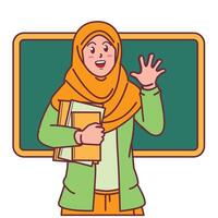 Cartoon of a female teacher in a hijab carrying a book, and a blackboard behind her vector