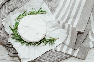 Round cheese in camembert mold with a sprig of rosemary on the table. photo