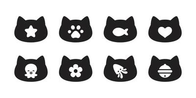 gato gatito icono calicó mascota raza cabeza personaje dibujos animados corazón pulpo estrella calamar pescado garabatear símbolo ilustración negro diseño vector