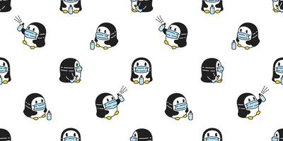 pingüino sin costura modelo cara máscara covid-19 pájaro alcohol dibujos animados bufanda aislado loseta antecedentes repetir fondo de pantalla ilustración garabatear diseño vector