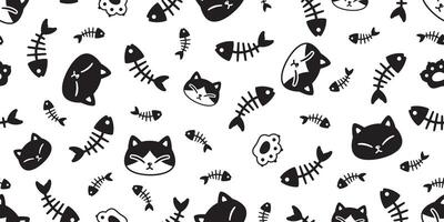 cat seamless pattern fish bone paw kitten footprint calico pet scarf isolated repeat background cartoon animal tile wallpaper illustration doodle design vector