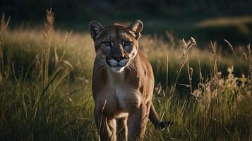 majestuoso hembra Puma en el cazar para algunos presa en alto césped, valores foto, antecedentes foto