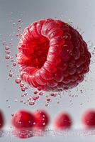 commercial photography style, raspberry fruits, action shot, splashes, photo