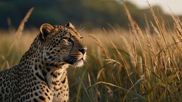 a majestic leopard in high grass, natural habitat, stock photo, background image, wallpaper photo