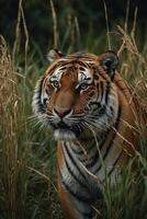 majestic tiger on the hunt for some prey in high grass, stock photo, background photo