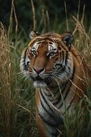 majestuoso Tigre en el cazar para algunos presa en alto césped, valores foto, antecedentes foto