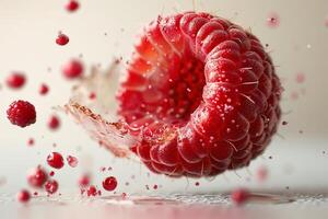 commercial photography style, raspberry fruits, action shot, splashes, photo