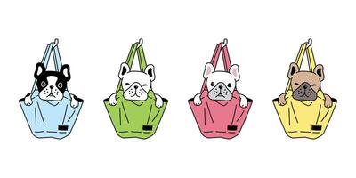 perro francés buldog icono compras bolso lona perrito mascota raza pata personaje dibujos animados símbolo bufanda garabatear ilustración diseño vector