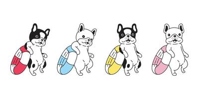 perro francés buldog icono nadando anillo piscina Oceano perrito mascota pata dibujos animados personaje playa verano símbolo bufanda garabatear ilustración diseño vector