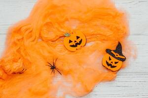 Toy Halloween Pumpkins with Felt and Faux Spider Web Festive Decor Party Accessories photo