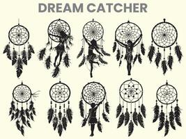 A black silhouette of a dream catcher set, clipart, featuring a moon catcher and feathers. This dream catcher bundle is isolated on a white background. vector