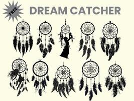 A black silhouette of a dream catcher set, clipart, featuring a moon catcher and feathers. This dream catcher bundle is isolated on a white background. vector