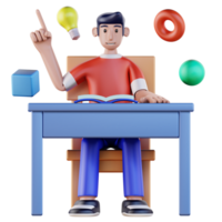 a student character sits at a desk with a book png