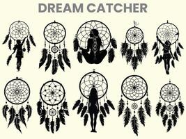 A black silhouette of a dream catcher set, clipart, featuring a moon catcher and feathers. This dream catcher bundle is isolated on a white background. vector