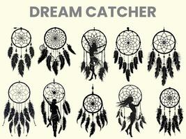 A black silhouette of a dream catcher set, clipart, featuring a moon catcher and feathers. This dream catcher bundle is isolated on a white background. vector