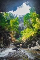 In the tropical forest of Kanchanaburi, Thailand's national park, waterfall flows pass the rock crevices in front of the cave. photo