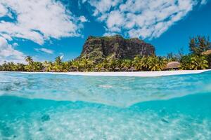 Tropical transparent ocean with Le Morne mountain and luxury beach in Mauritius photo